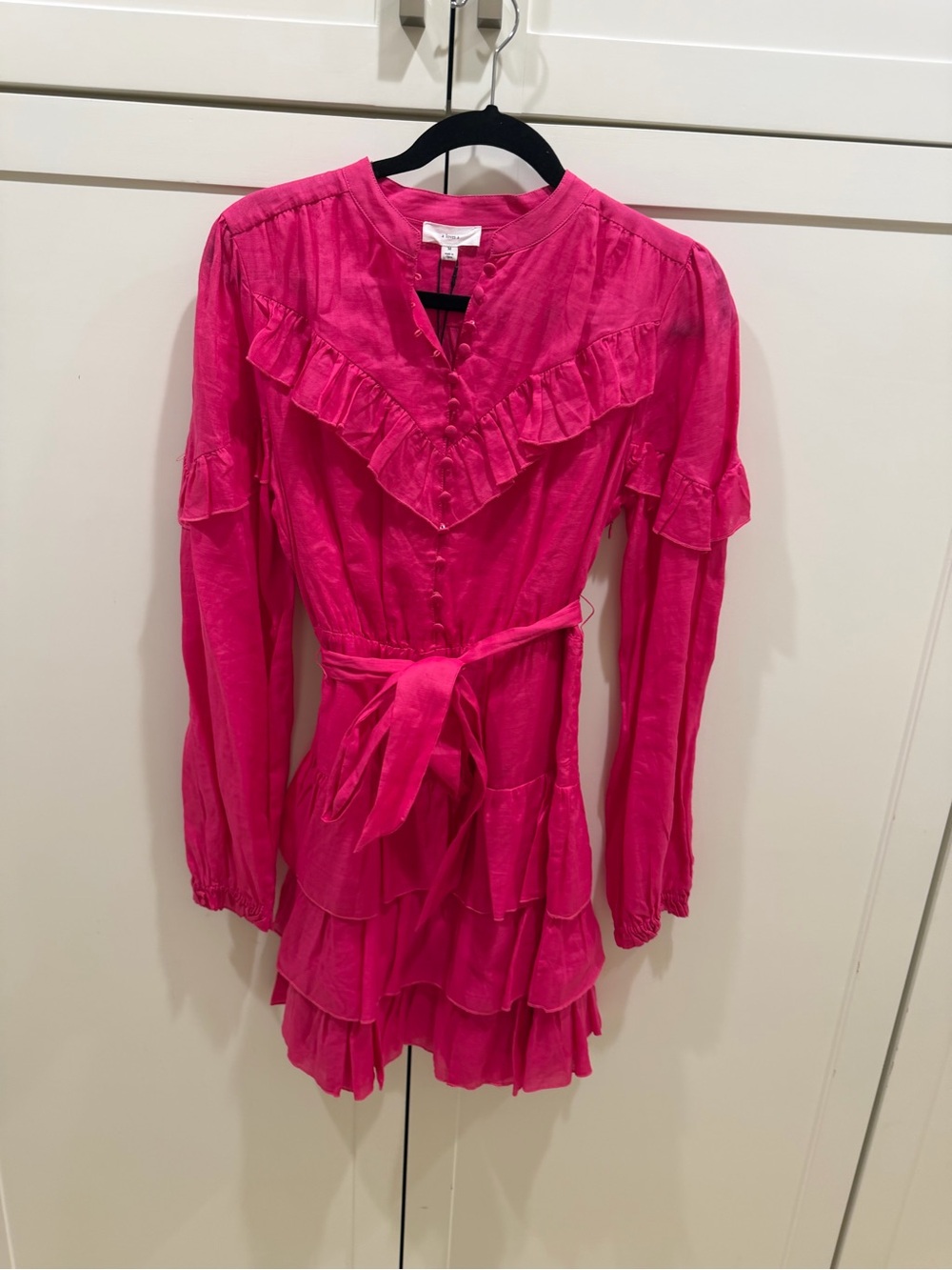 Hot Pink Tiered Ruffle Long Sleeve Mini Dress with Waist Tie